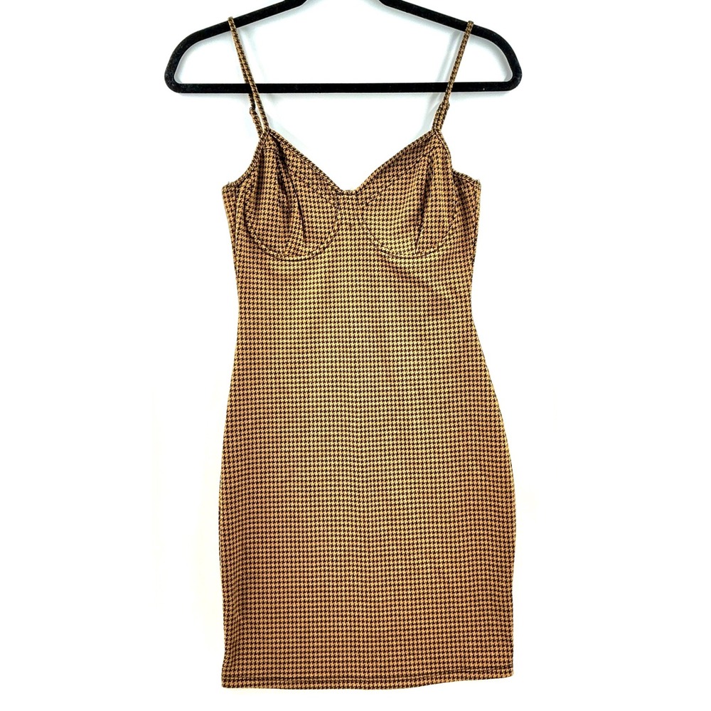 Y2K Brown Black Houndstooth Bodycon Mini Dress Sz S Dark Academia‎ Retro Preppy